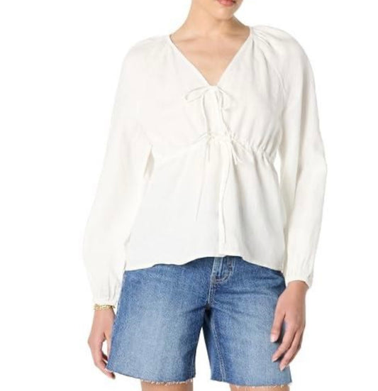Kerena Tie Front Balloon Sleeve Blouse, White Linen