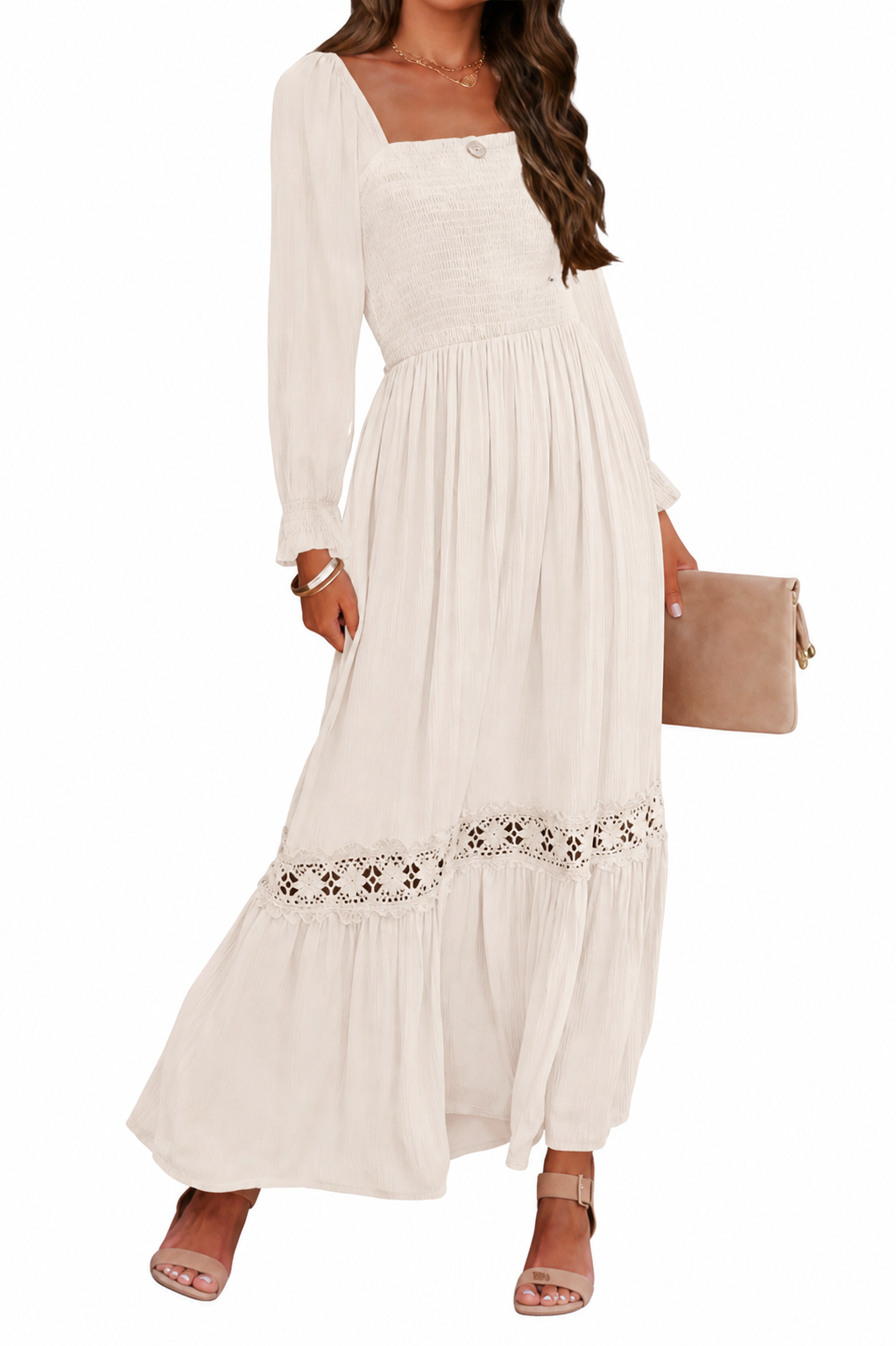 Boho Long Sleeve Square Neck Dress, blush
