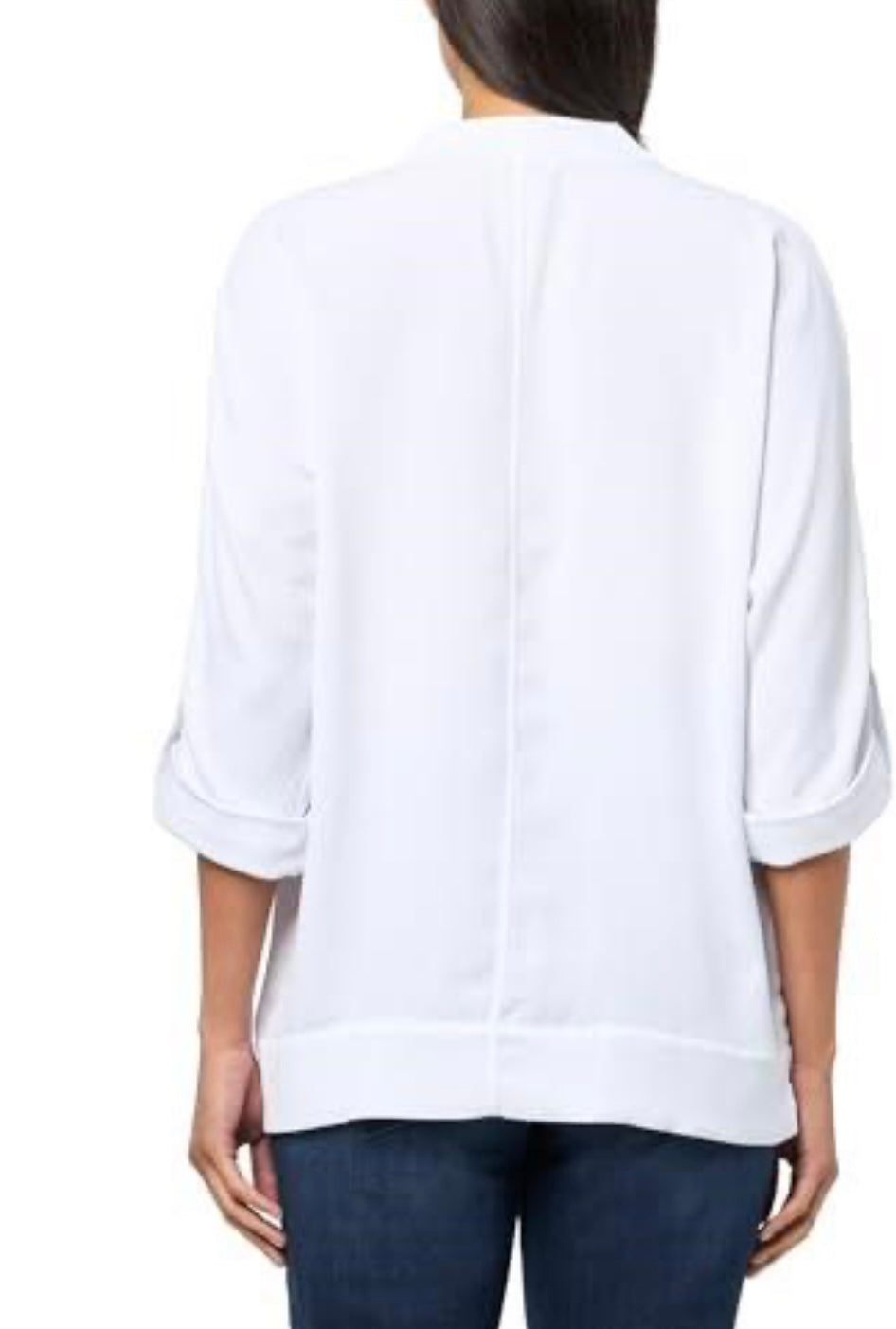 Roll Tab Cuffed Dolman Sleeves Y-Neck Band Collar Top