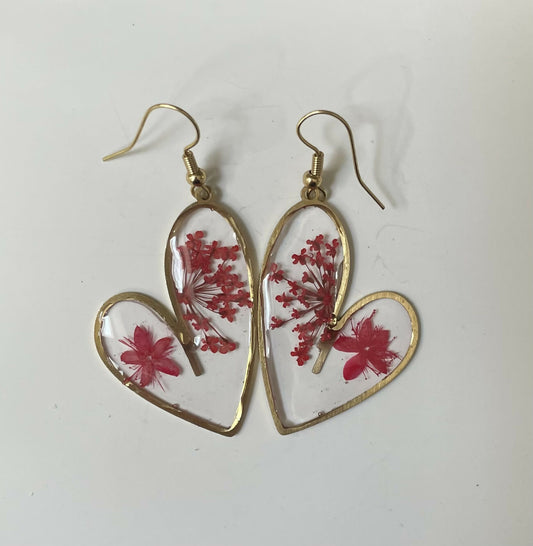 Heart Red Pressed Flowers Earrings