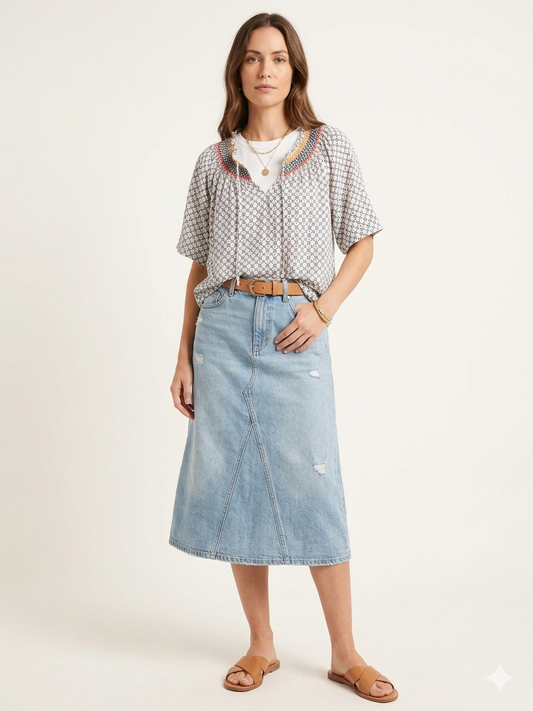 Knox Rose - White & Navy Blue Blouse, Embroidery Trim At Neckline, S