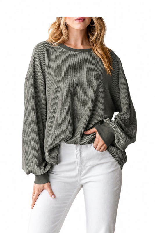 Long Sleeve Ribbed Top, Gray