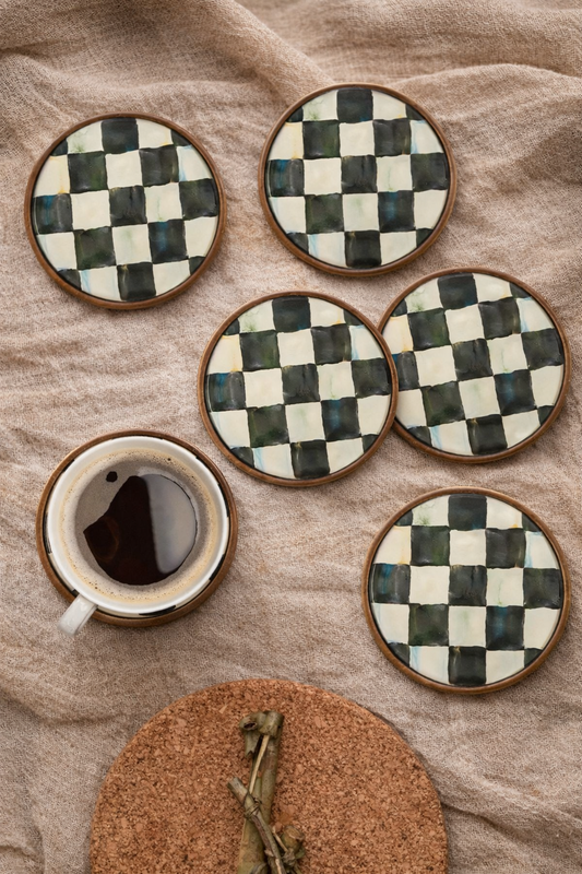 Black & White Checkerboard Wood Coasters (Set of 6)