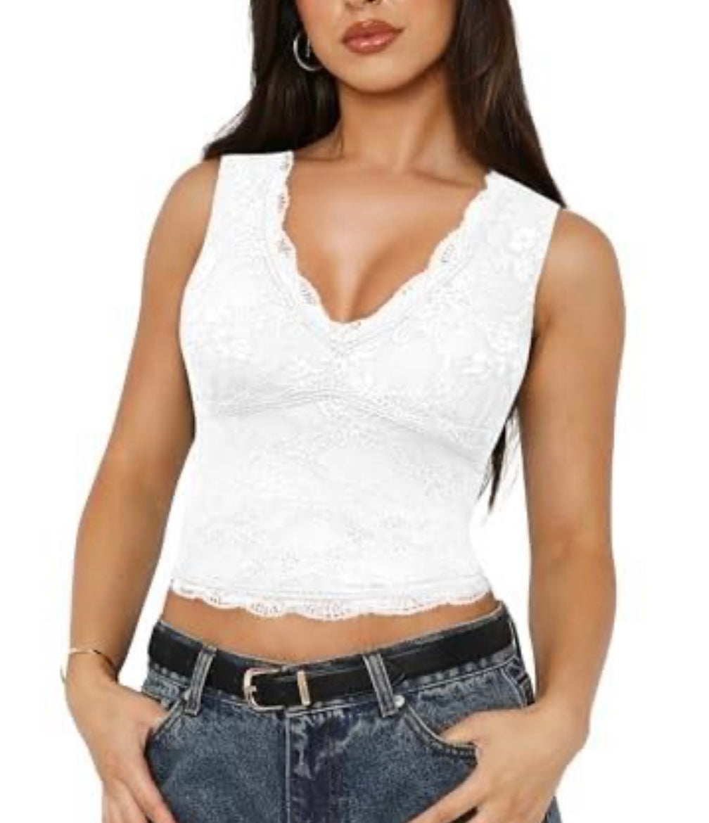 Sleeveless V Neck Lace Top