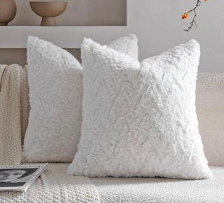 Cream White Faux Fur Cozy Throw Pillows, set