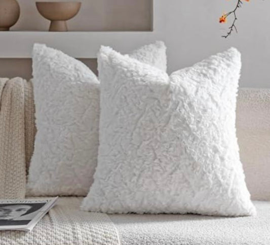 Cream White Faux Fur Cozy Throw Pillows, set