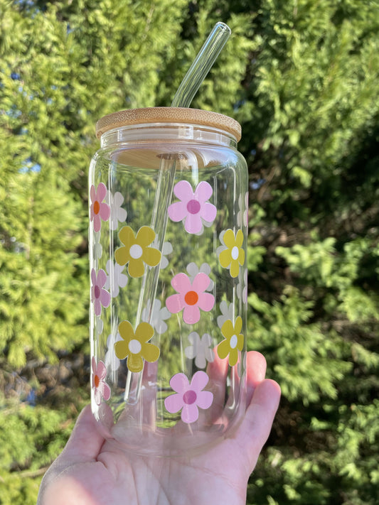 Green, Pink, Purple Flowers Glass Cup