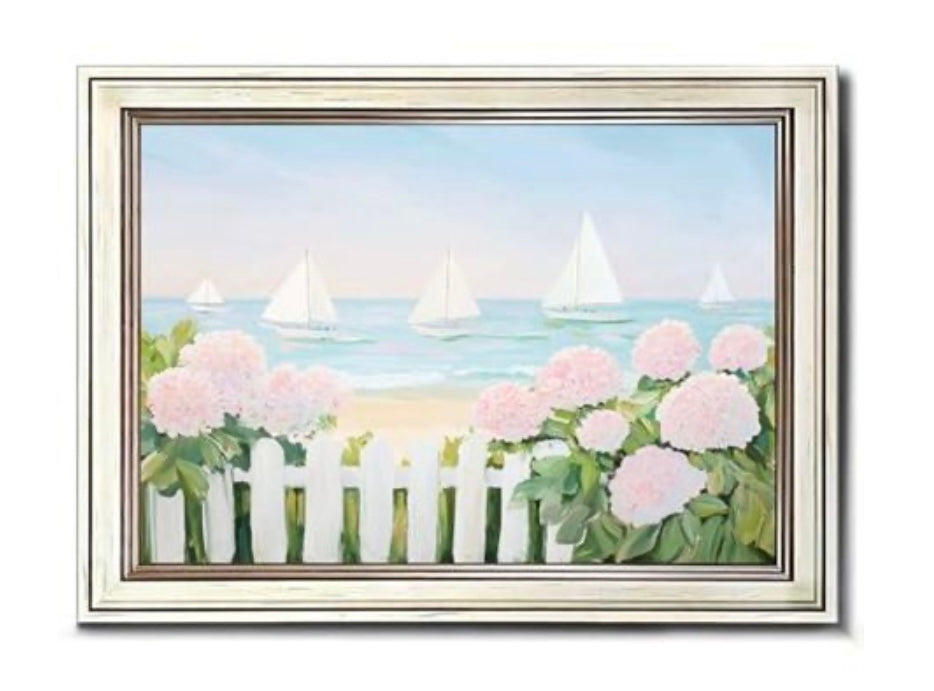 Sailboats and Pink Hydrangeas Wall Art