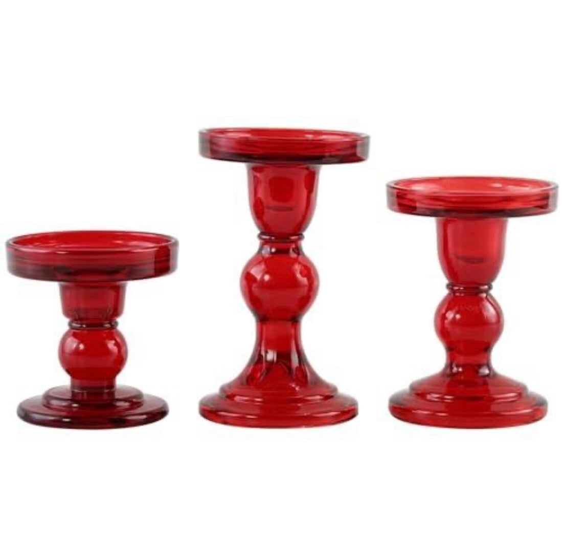 3Pcs Red Glass Candle Holder Set