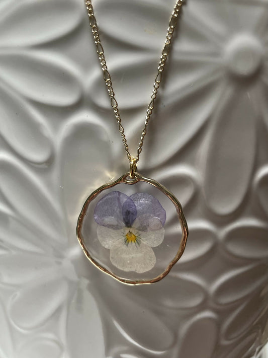 Violet Pressed Flower 1” Pendant 16” Gold Chain