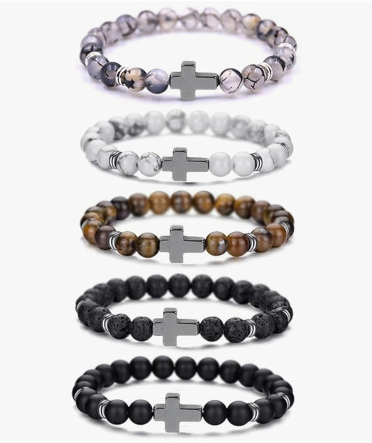 Men’s Bead Bracelets with Silver Crosses