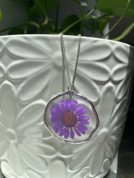 Purple Daisy Pressed Flower 1 1/2” Pendant on 30” Silver Necklace
