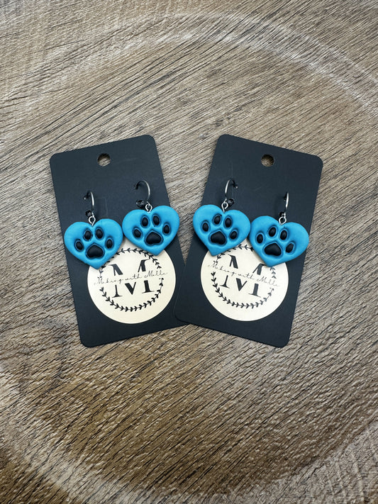 Blue Heart Pawprint Polymer Clay Earrings