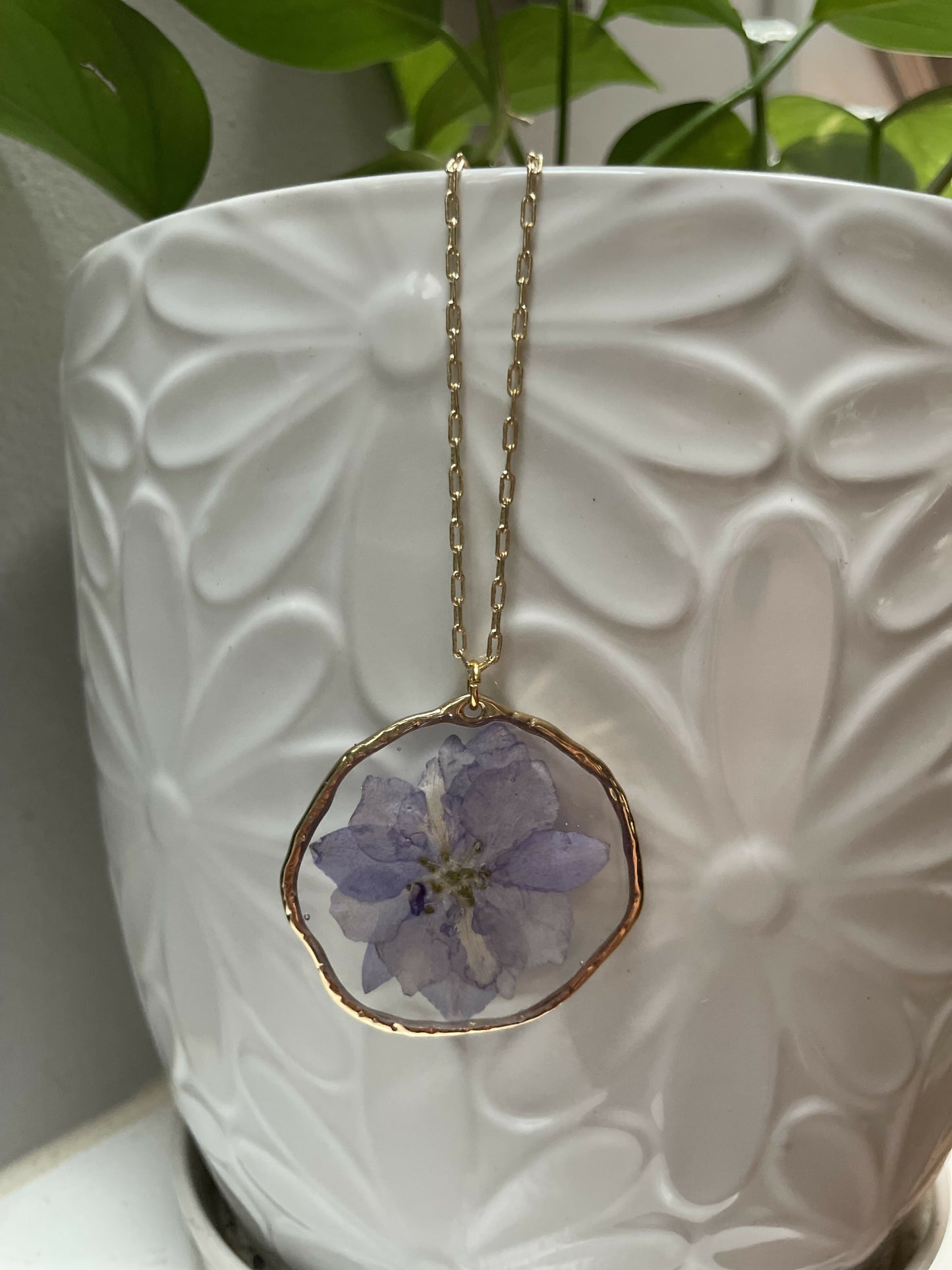 Purple Pressed Flower 1 3/4” Pendant on 30” Necklace