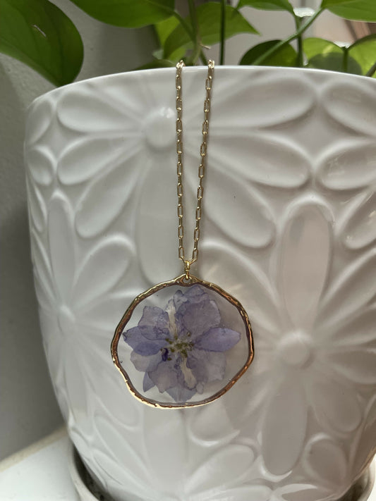 Purple Pressed Flower 1 3/4” Pendant on 30” Necklace