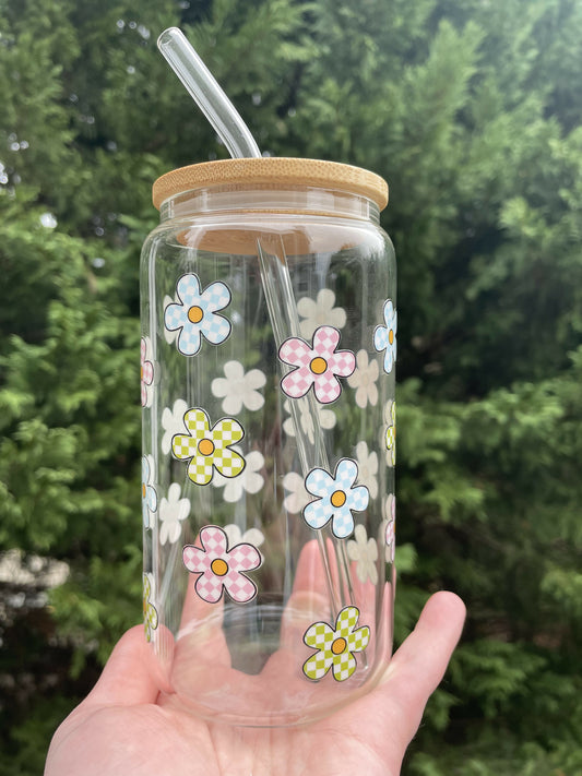 Checkered Flowers Glass Cup