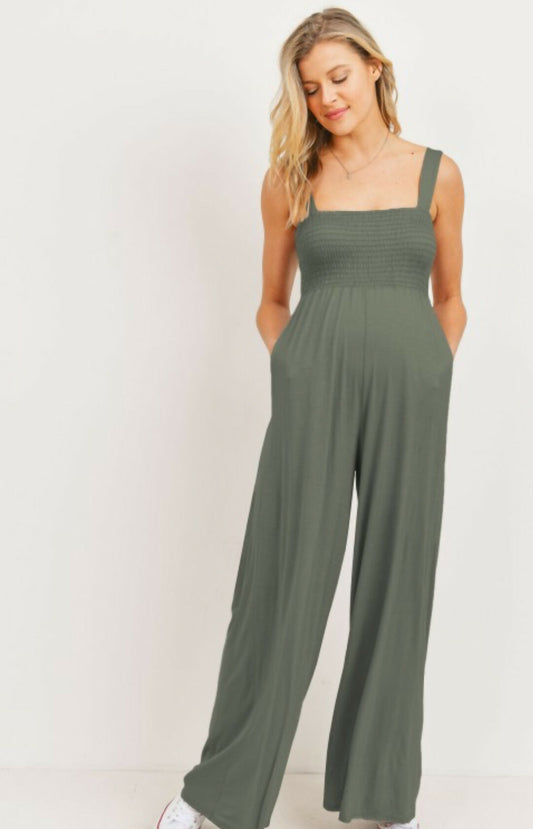 Smocked Maternity Wide Leg Jumpsuit- Olive