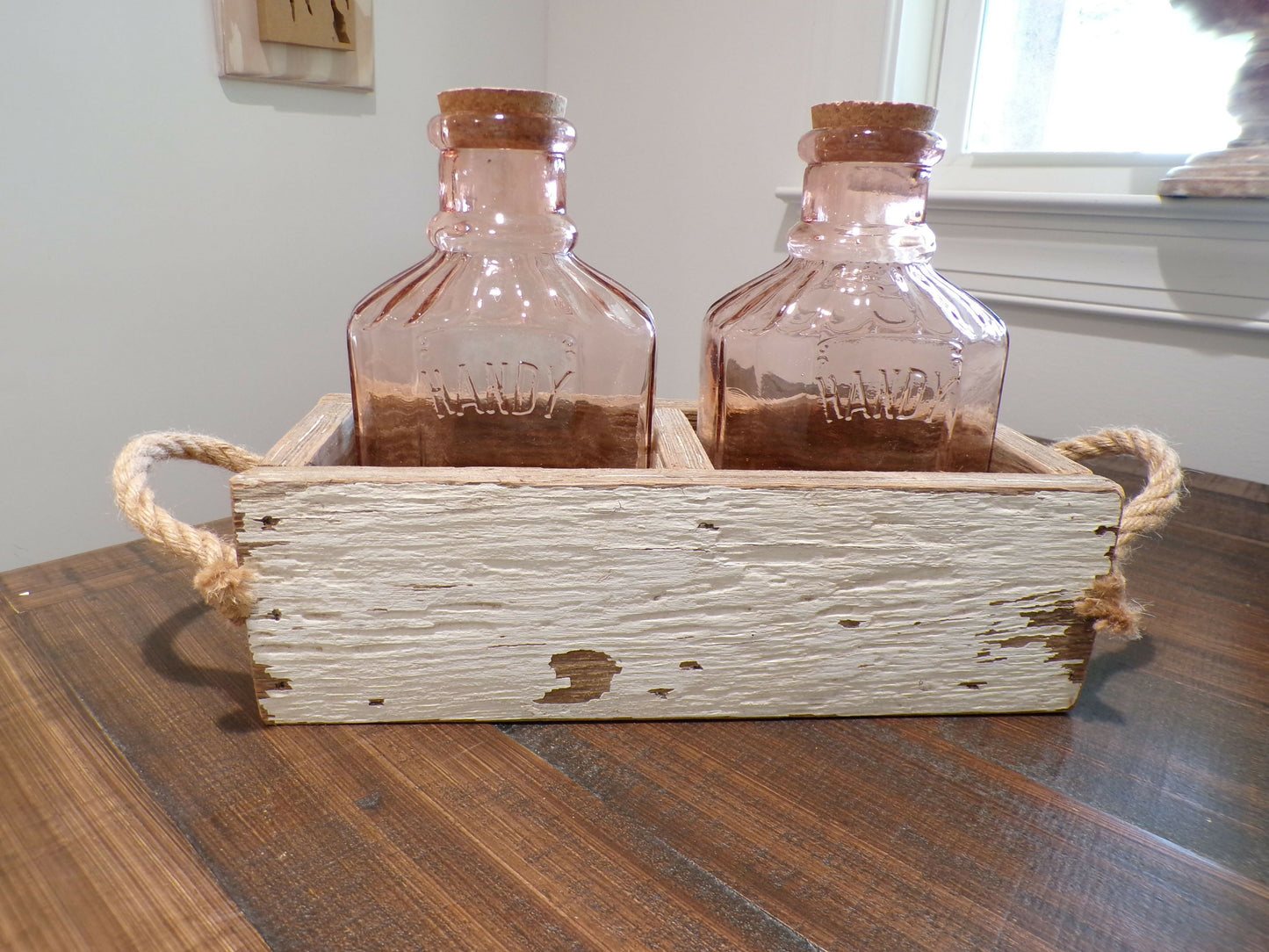 Rustic Painted Wood box with two jar/vases