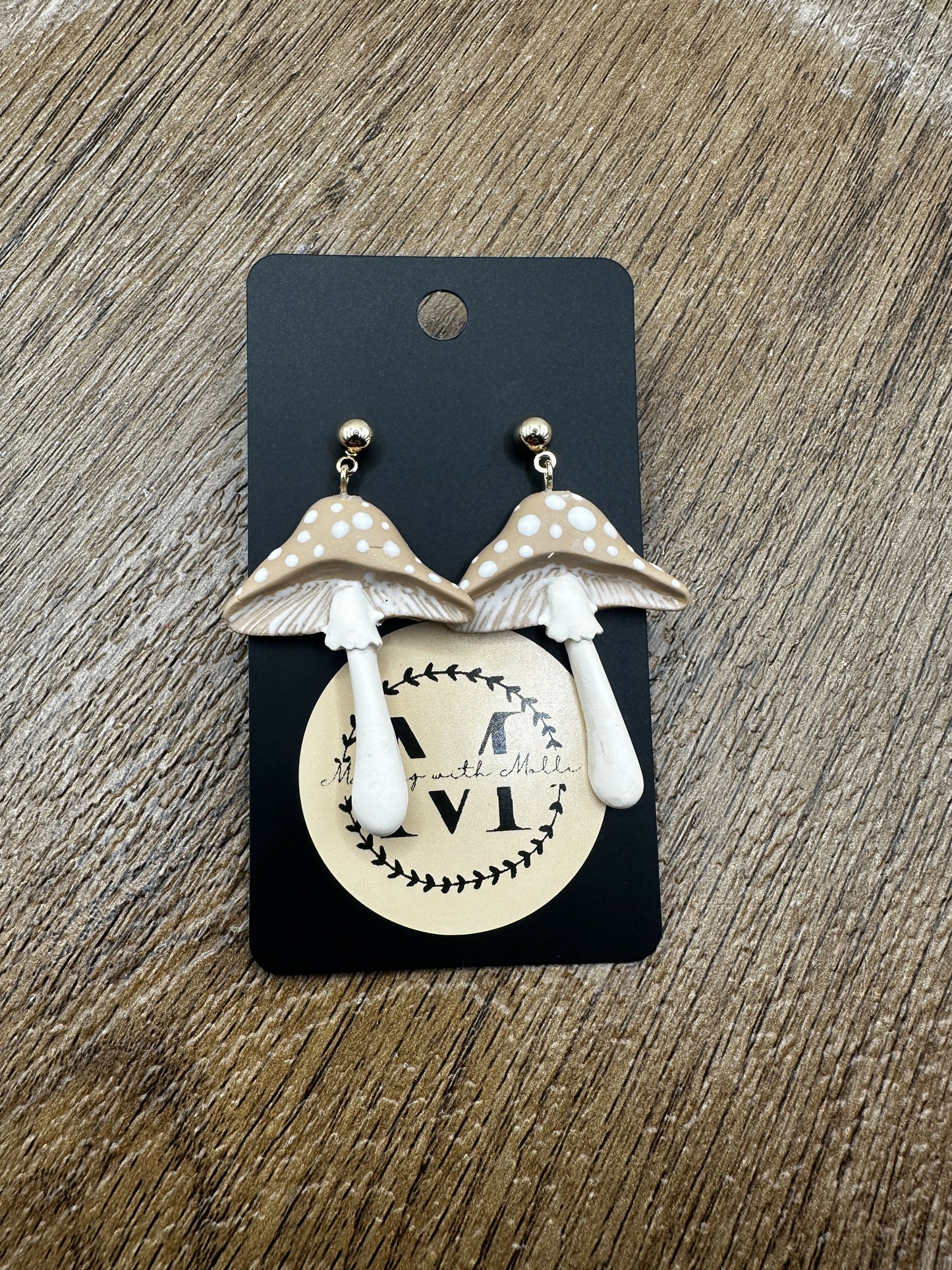 Tan Mushroom Dangle Polymer Clay Earrings