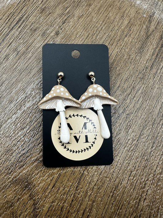 Tan Mushroom Dangle Polymer Clay Earrings