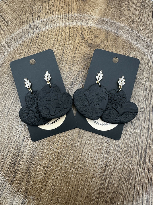 Large Black Stamped Heart Polymer Clay Earrings