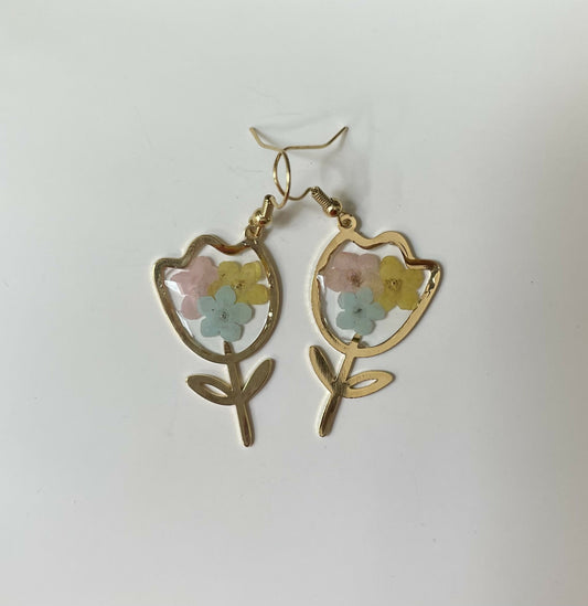 Tulip Pressed Flower Gold Earrings