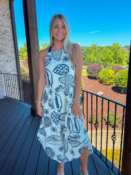 Beachy Vibes Navy & Cream Midi Dress