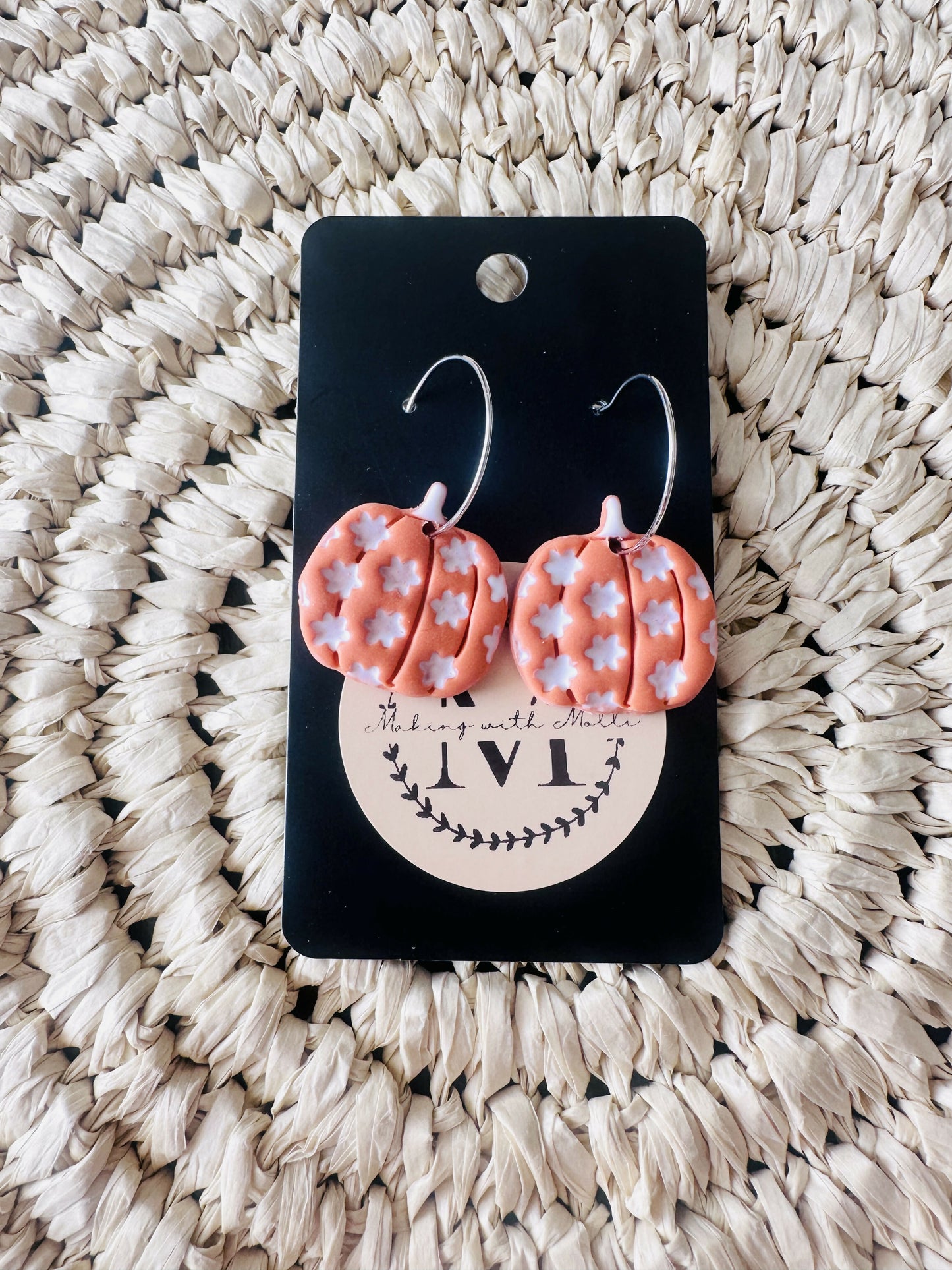 Orange Floral Pumpkin Dangle Polymer Clay Earrings