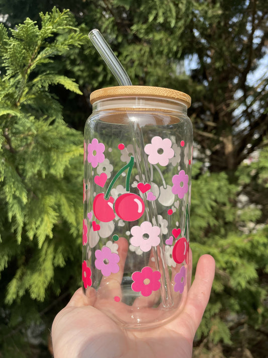 Cherry & Flower Glass Cup