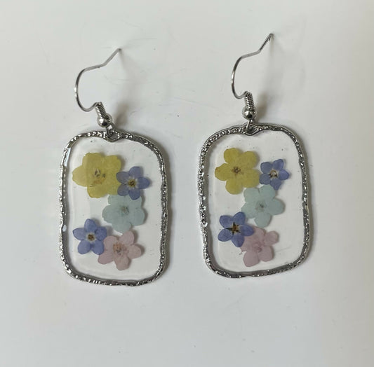 Pastel Pressed Flower Silver Rectangular Earrings