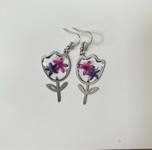 Tulip Pressed Flower Silver Earrings