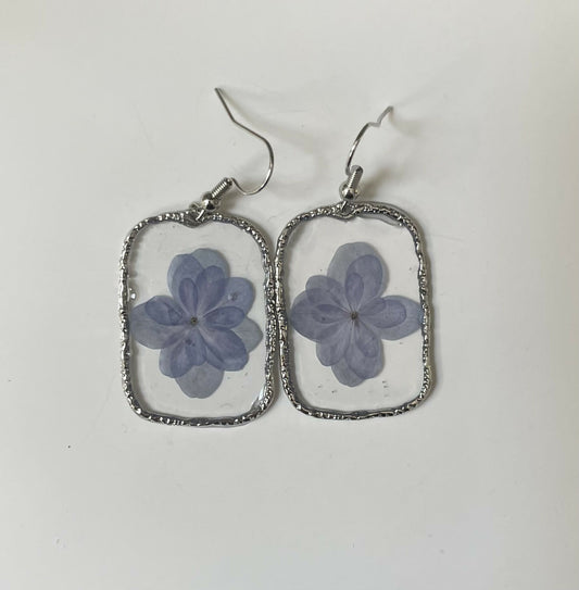 Blue Pressed Flower Rectangular Earrings Large