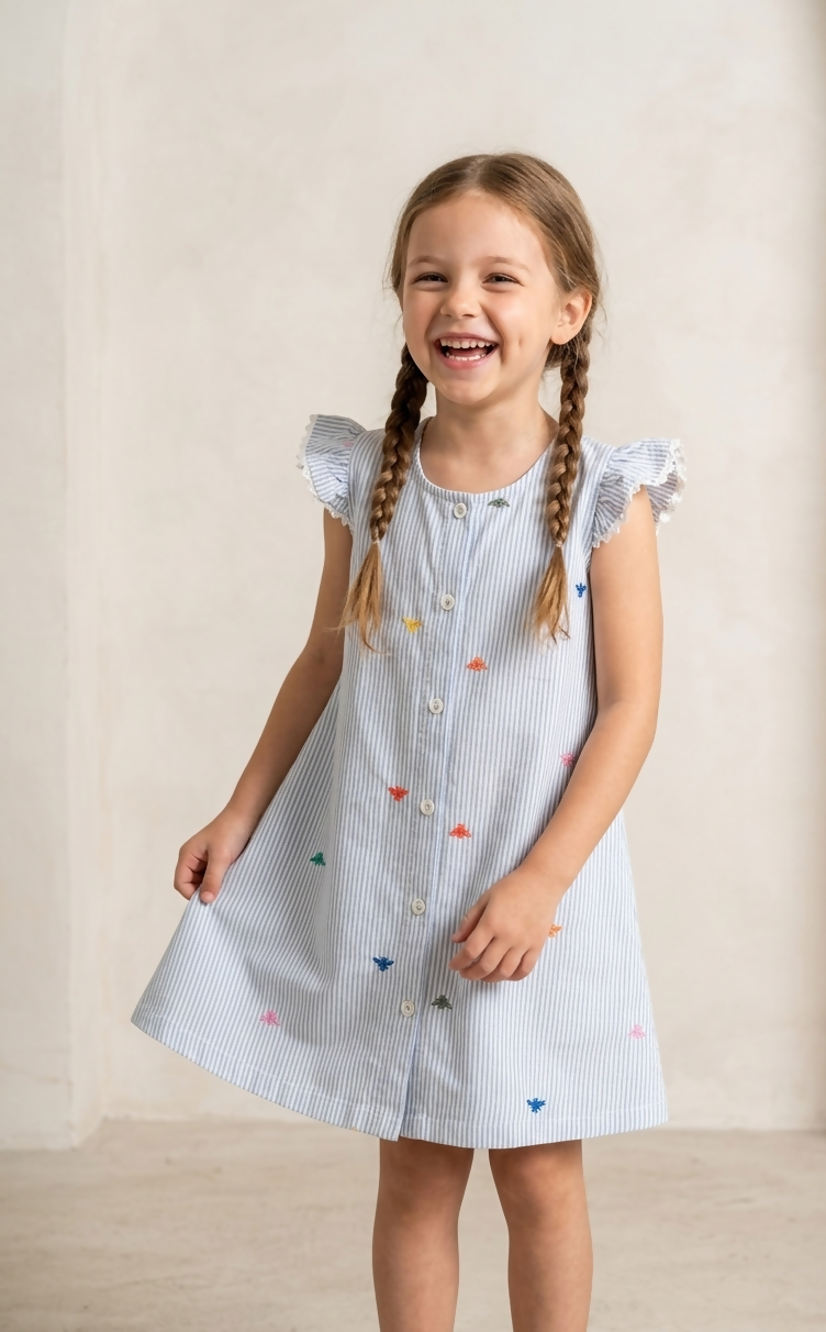 Striped Cotton Dress with Embroidered Bees