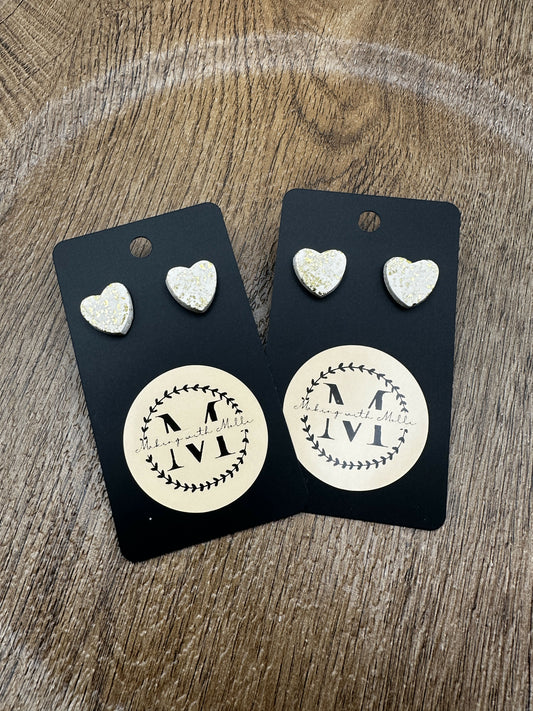 White & Gold Heart Stud Polymer Clay Earrings