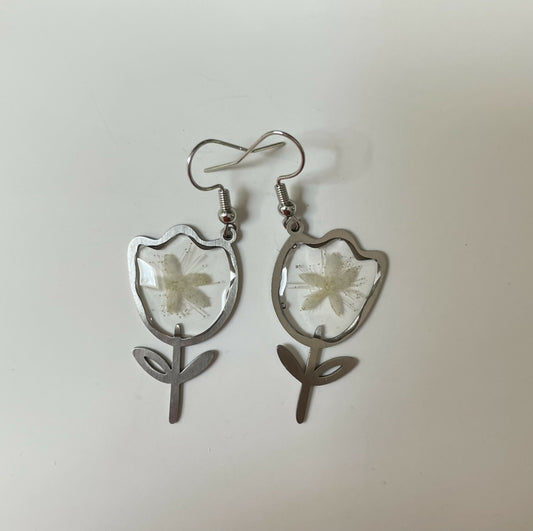 Tulip Pressed Flower Silver Earrings