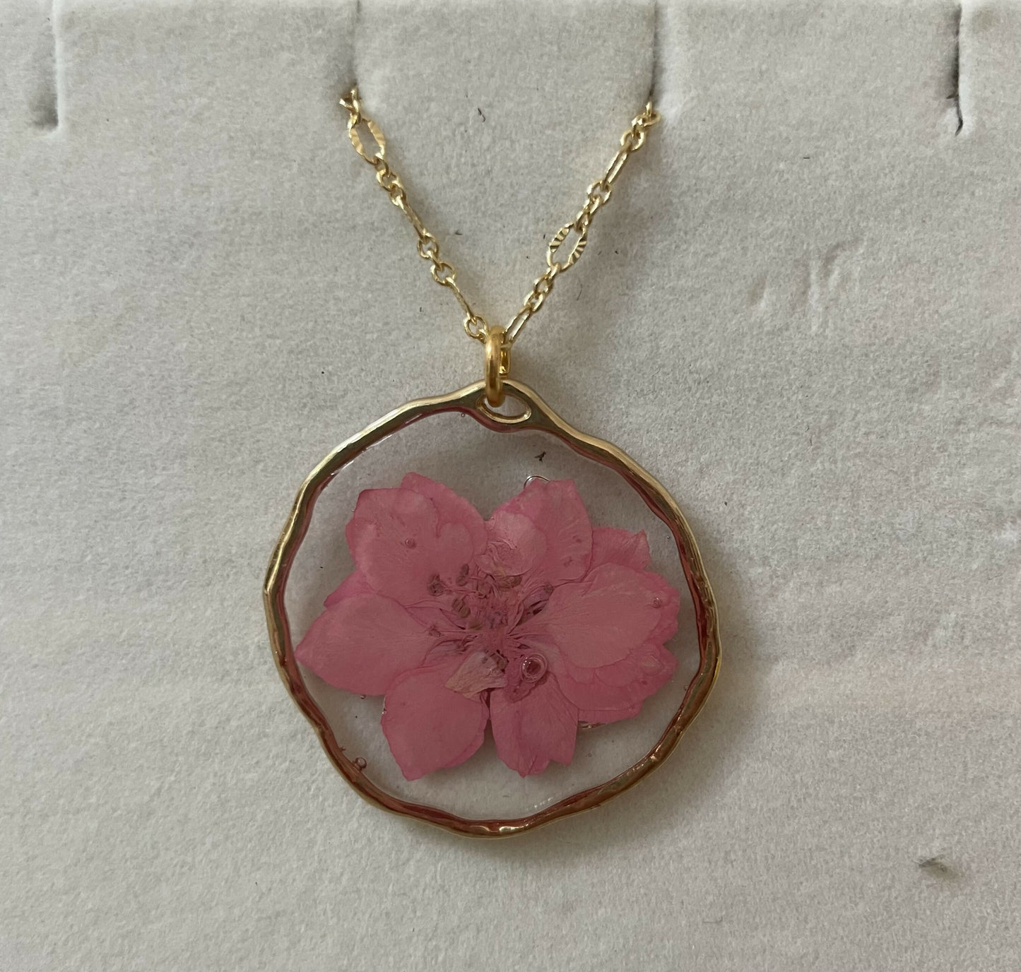 Pink Pressed Flower 1 1/4” Gold Pendant on 16” Necklace