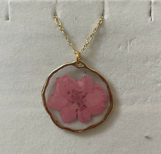 Pink Pressed Flower 1 1/4” Gold Pendant on 16” Necklace