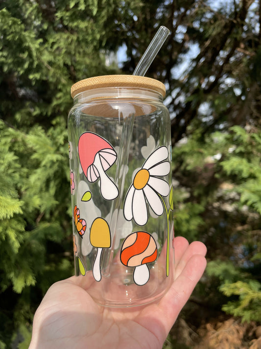 Mushroom and Flowers Glass Cup