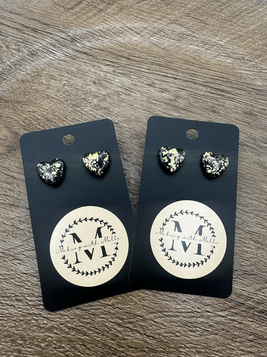 Black & Gold Heart Stud Polymer Clay Earrings