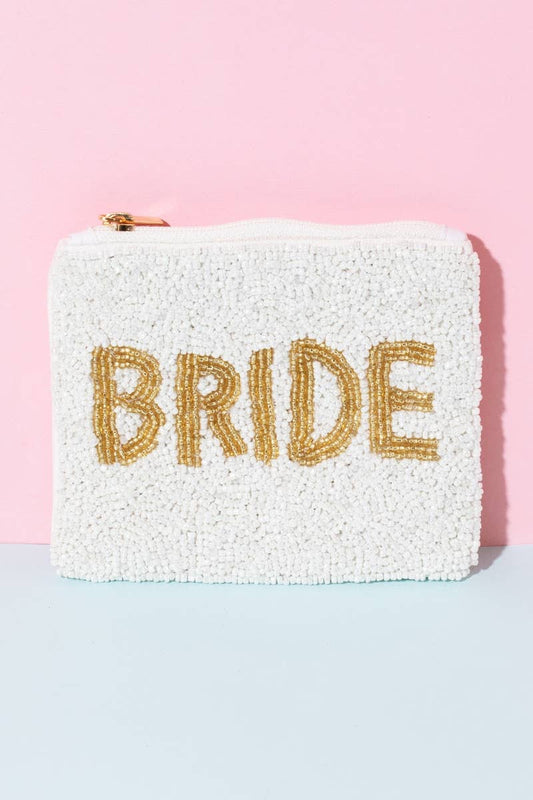 Gold Bride Print White Beaded Coin Purse