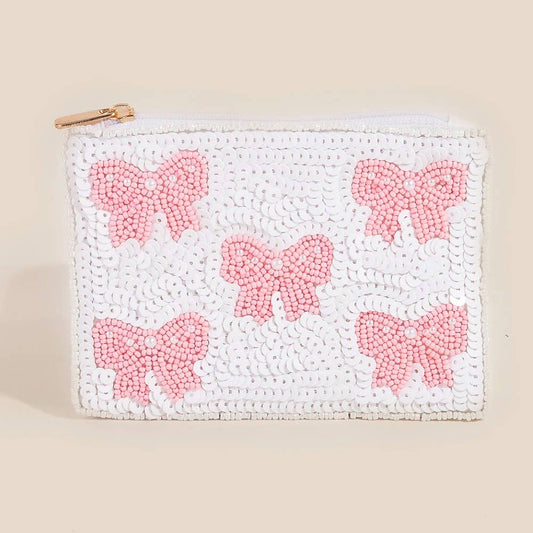 Pink Pearl Bead Ribbon Bow Mixed Beaded Coin Purse