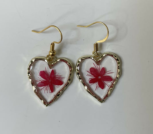 Heart Pressed Flower Gold Earrings