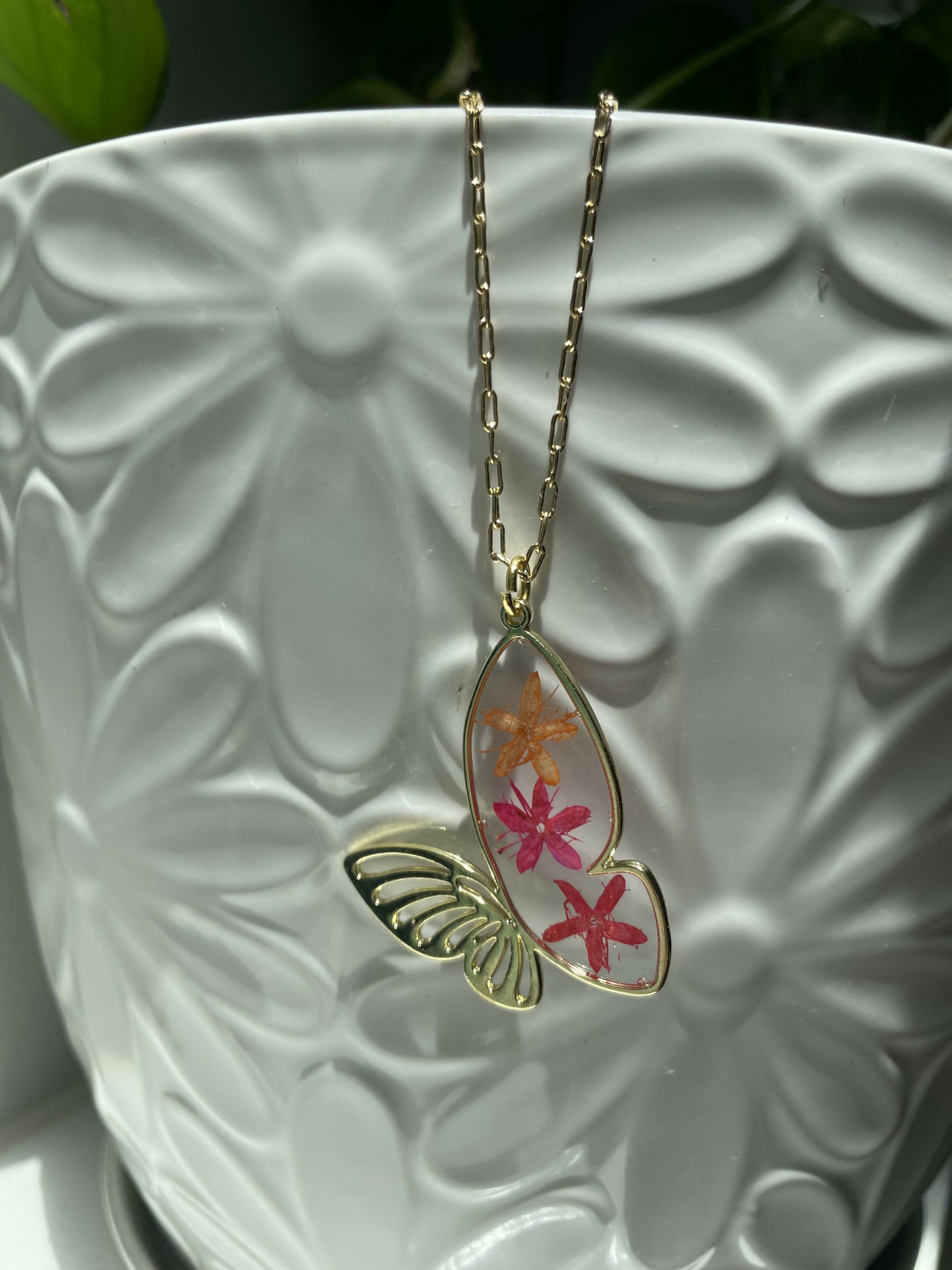 Butterfly Pressed Flower Pendant on Gold 16” Necklace