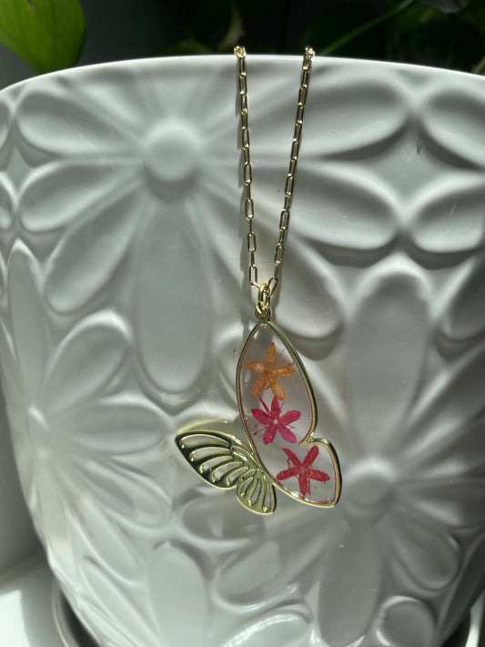 Butterfly Pressed Flower Pendant on Gold 16” Necklace