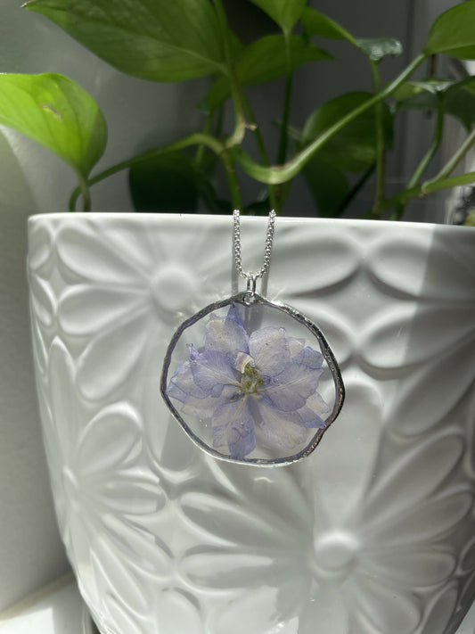 Purple Pressed Flower Silver 1 3/4” Pendant on 30” Necklace