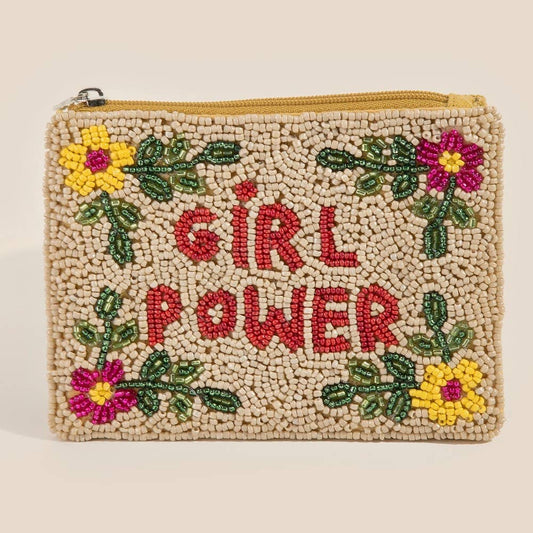 Floral Border Girl Power Seed Beaded Coin Purse