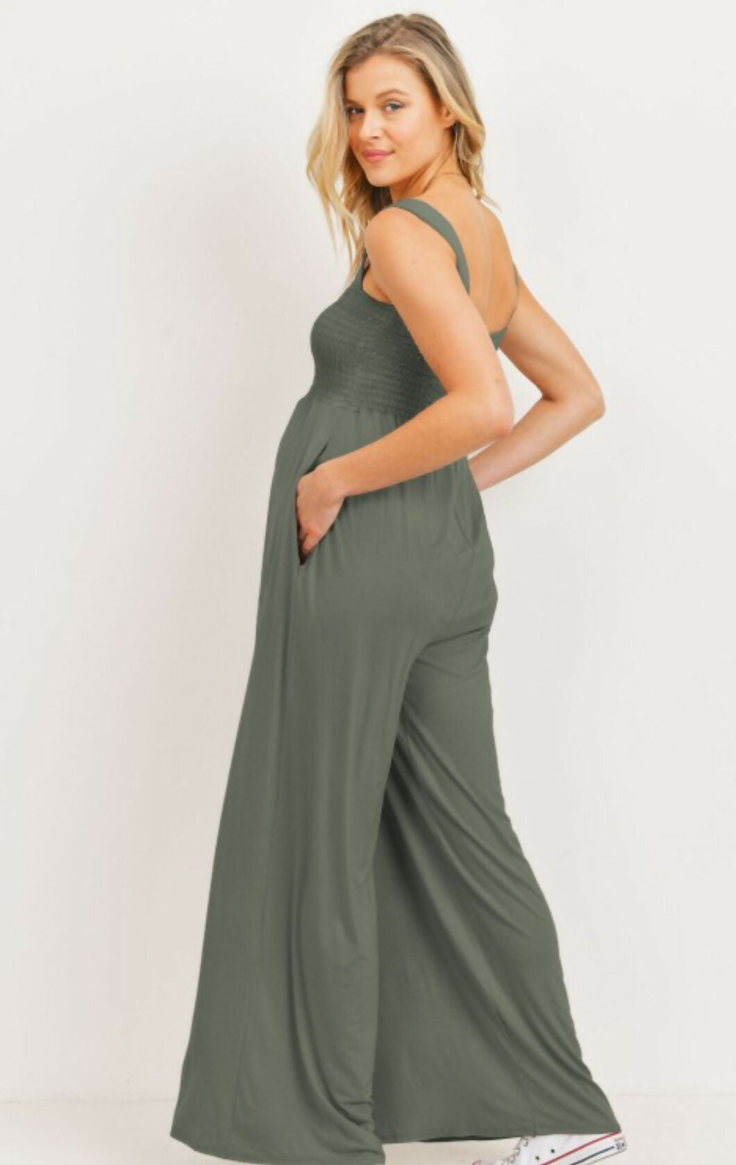 Smocked Maternity Wide Leg Jumpsuit- Olive