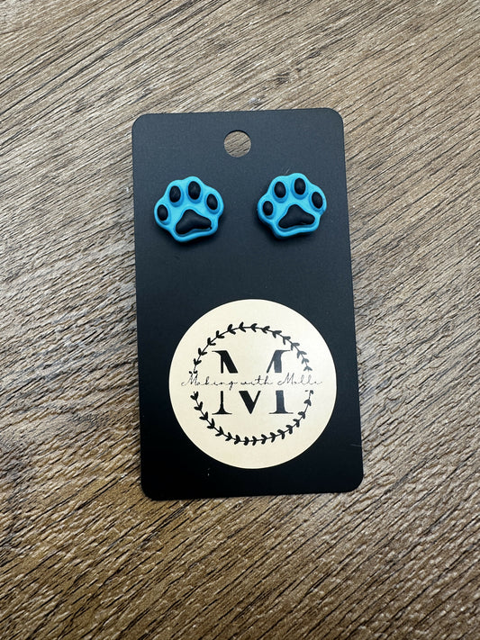 Blue Pawprint Polymer Clay Stud Earrings