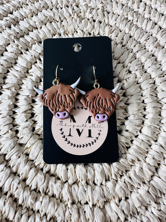 Highland Cow Dangle Polymer Clay Earrings