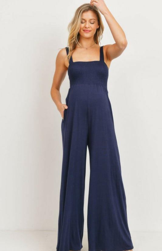 Smocked Maternity Wide Leg Jumpsuit- Navy
